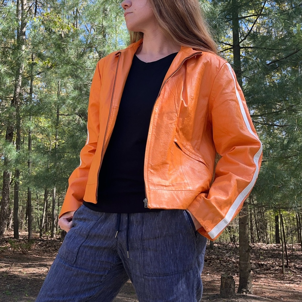 Y2K Metro Style Neon Orange Racing 100% Genuine Leather Jacket Women’s Size L - Picture 8 of 16
